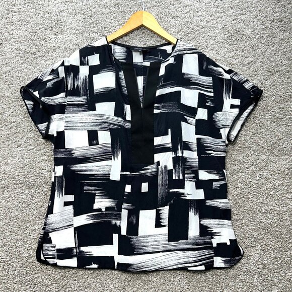 Lafayette 148 Womens M Black & White Abstract Print V-Neck Short Sleeve Blouse - Picture 2 of 9